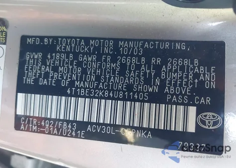 2004 Toyota Camry Le from USA, damaged, VIN 4T1BE32K84U811405